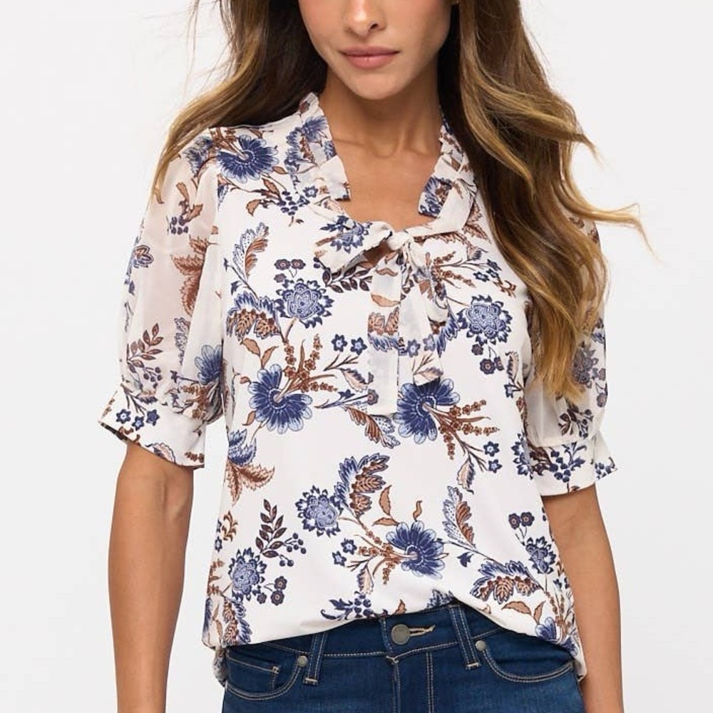 Floral Print Women's Top - Blue and White